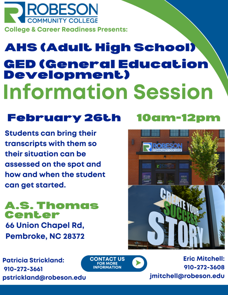 Flyer for AHS and GED information session at the A.S. Thomas Center