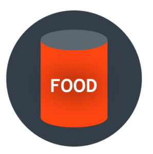 "Red can with the word food listed horizontally in the middle. Black circle background"